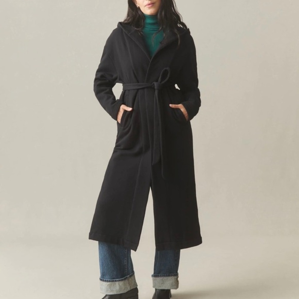 NWOT American Giant Women's Fleece Long Coat Black Tie Waist Jacket M/L